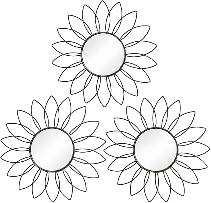 3 Pack Metal Mirrors for Wall Sunburst Wall Mirrors Home Décor Decorative Hanging Wall Art for Living Room Bedroom Entryway (Black2, Flowers)