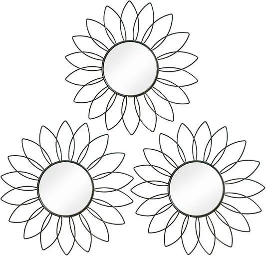 3 Pack Metal Mirrors for Wall Sunburst Wall Mirrors Home Décor Decorative Hanging Wall Art for Living Room Bedroom Entryway (Black2, Flowers)