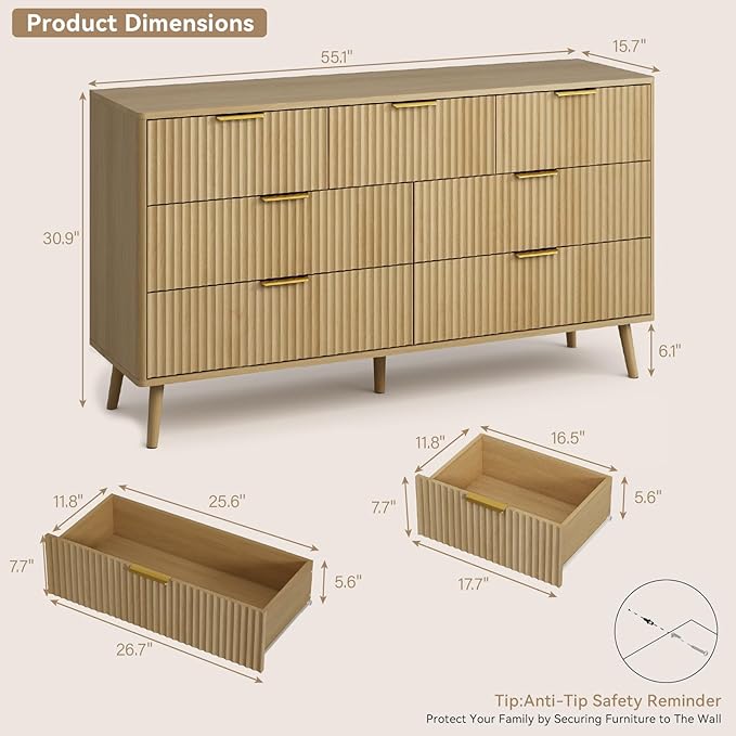 CARPETNAL Fluted Dresser and Nightstand Sets for Bedroom, 3 Pcs Bedroom Set, 7-Drawer Dresser & 2-Drawer Nightstand Set of 2, Modern Wood Chest of Drawers for Living Room, Entryway, Oak