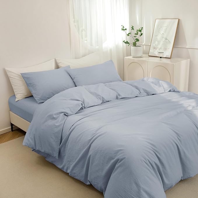 JIYUAN 100% Washed Cotton Duvet Cover Set 3 Pieces Super King, 1 Duvet Cover 108x98 Inches(Comforter Not Included) and 2 Pillowcases,Linen Feel Bedding Set Comfy and Breathable, Heathered Light Blue
