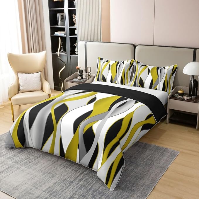 Erosebridal Grey Black Yellow 100% Cotton Duvet Cover Full Geometric Striped Abstract Bedding Set for Kids Teens Adults Abstract Wave Stripes Comforter Cover Contemporary Minimalist Bed Set 3 Pcs