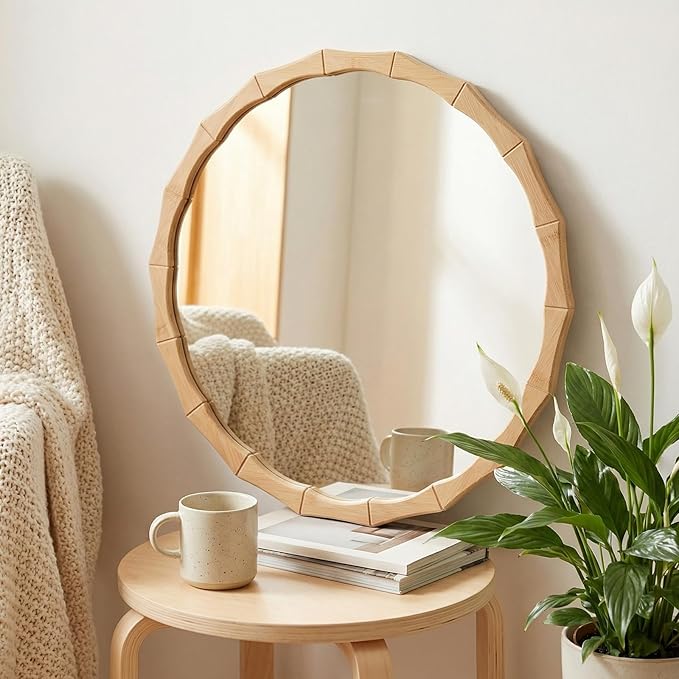 Round Bamboo Frame Mirror with Wavy Edge, 24-inch Vintage Wood Finish Hanging Wall Mirror for Bathroom, Bedroom, Living Room & Entryway
