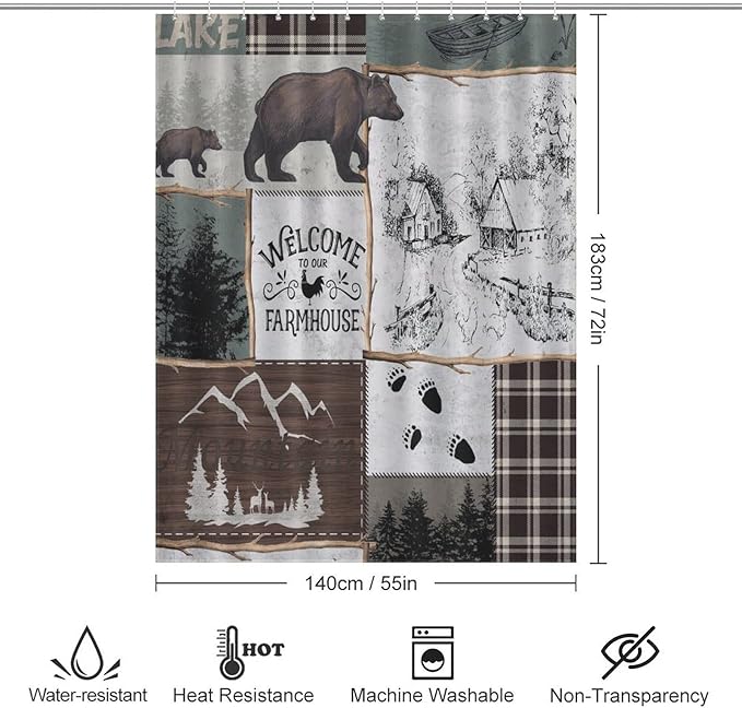 Rustic Cabin Vintage Bear Shower Curtain Country Lodge Deer Mountain Forest Farmhouse Waterproof Shower Curtains for Bathroom Decor 12 Pack Hooks 55x72in（140x183cm）
