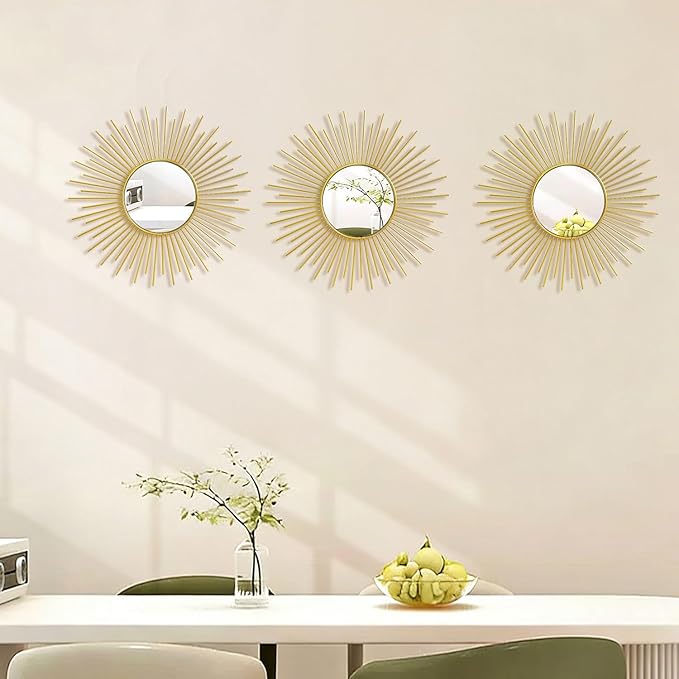 3 Pack Metal Mirrors for Wall Sunburst Wall Mirrors Home Décor Decorative Hanging Wall Art for Living Room Bedroom Entryway (Gold2, Sunburst)