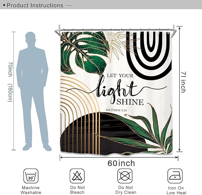 Miyotaa Abstract Emerald Green Minimalist Shower Curtain Set 60Wx71H Inches Minimalist Bible Mid Century Aesthetic Modern Inspirational Plant Leaves Waterproof Bathroom Curtain with 12 Hooks
