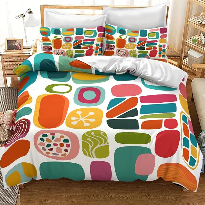 Mid Century Modern Bedding Set,Retro Geometric Colorful Diamond Abstract Geometric Vintage 60s 70s Pattern Comforter Set with Pillowcase for Bedroom Bed Decor,Queen 90"x90"