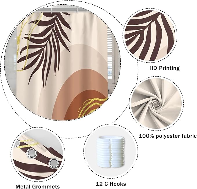 Abstract Mid Century Boho Bathroom Shower Curtain - Eucalyptus Leaves, Gold Lines, Mountains - Waterproof Polyester Fabric With Hooks for Home Decor, 48x72 Inch