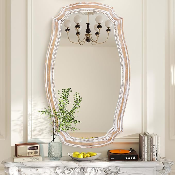 36x24 Inches Rustic Scalloped Wall Mirror, Baroque Irregular Curved Shape with Beaded, Distressed Wooden Decorative Hanging Mirror for Living Room, Bedroom, Entryway - Horizontal or Vertical