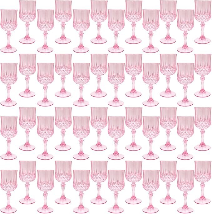 Plastic Wine Glasses, Plastic Goblets Vintage Style Cordial Drinking Glasses for Valentine’s Day, Wedding Reception, Grand Event Party Supplies (48, Pink)