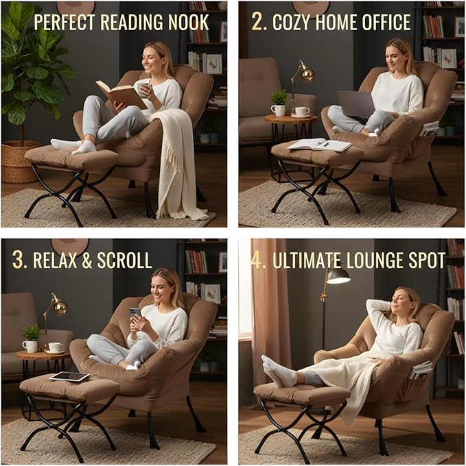 Tiita Lazy Chair with Ottoman, Khaki Modern Large Accent Chair, Comfy Leisure Sofa Armchair with Ottoman, Reading Chair with Footrest for Bedroom, Living Room, Dorm Rooms, Velvet Khaki