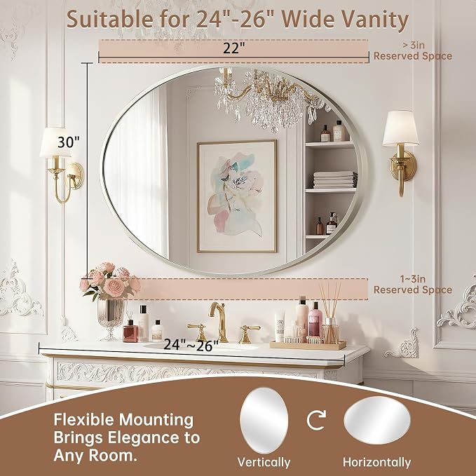 Oval Wall Mirror, 22"x30" Brushed Nickel Vanity Mirror, Bathroom Mirror of Metal Frame, Home Decorative Wall Mounted Mirror for Bathroom, Living Room, Entryway, Vanity