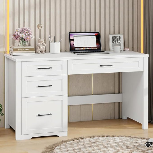 Farmhouse 47" Executive Desk with File Drawer, Wood Computer Desk with 3 Storage Drawers, Workstation for Home Office, Study, Writing（White