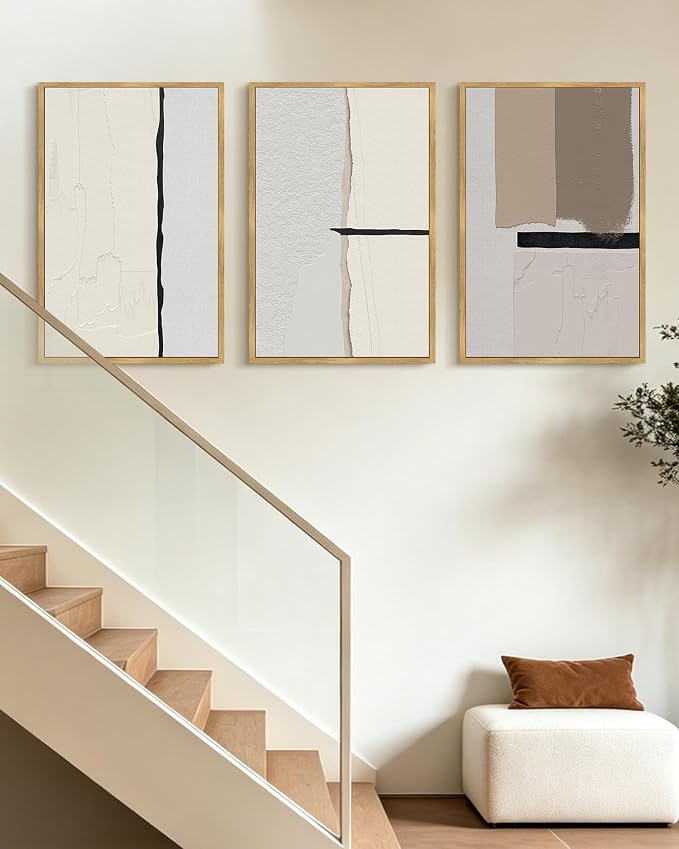 KUVIOKE Neutral Abstract Framed Wall Art Beige Mid Century Textured Wall Decor Minimalist Modern Illustrations Art Print for Living Room Bedroom 16x24in (Natural Framed)