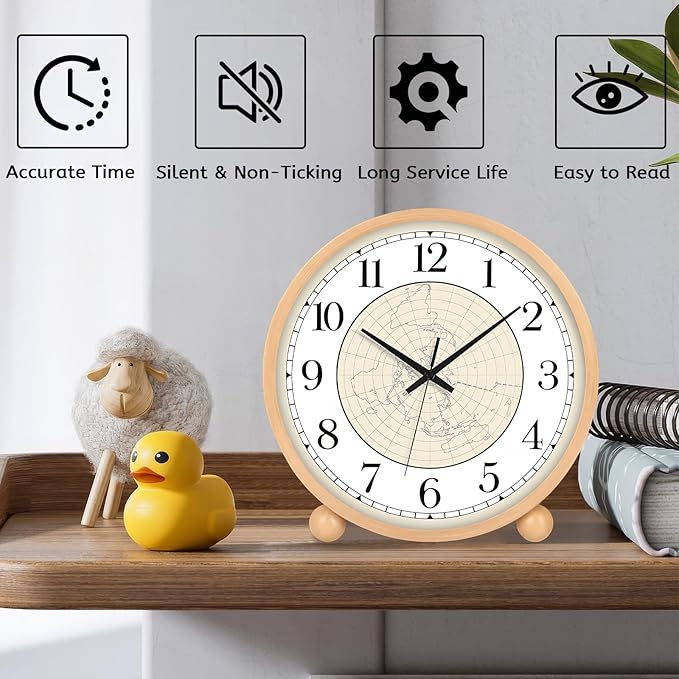Maxspace Wooden Table Clock,8in Silent Non-Ticking Desk Clock,Battery Operated Desktop Analog Clock for Living Room Bedroom Kitchen Office Classroom Decor (Log - Map)