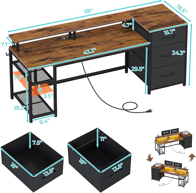 SEDETA 59" Office Desk with Drawers, Reversible Computer Desk with File Drawers & Storage, Gaming Desk with LED Lights & Power Outlet, Home Office Desks for Printer, Rustic Brown