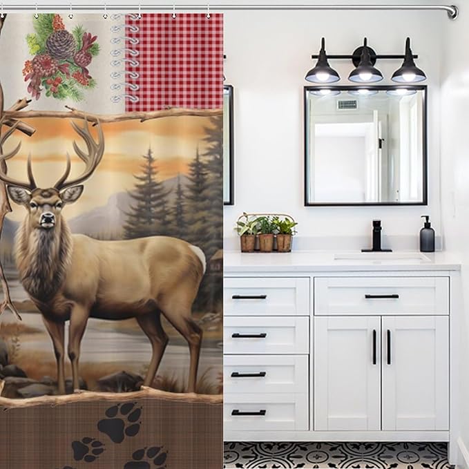 Retro Bear Rustic Shower Curtain, Farmhouse Country Antique Moose Bear Forest Vintage Wood Hunting Camping Waterproof Shower Curtains for Bathroom Decor 12 Pack Hooks 72x72in (183x183cm)