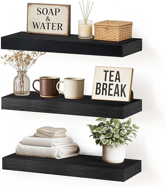 Floating Wall Shelf 16x6.8x1.7 Inch – Solid Wood Shelf in Black Finish – Wall Mounted Rustic Display Organizer for Bathroom, Kitchen, Bedroom, Small Spaces – Set of 3