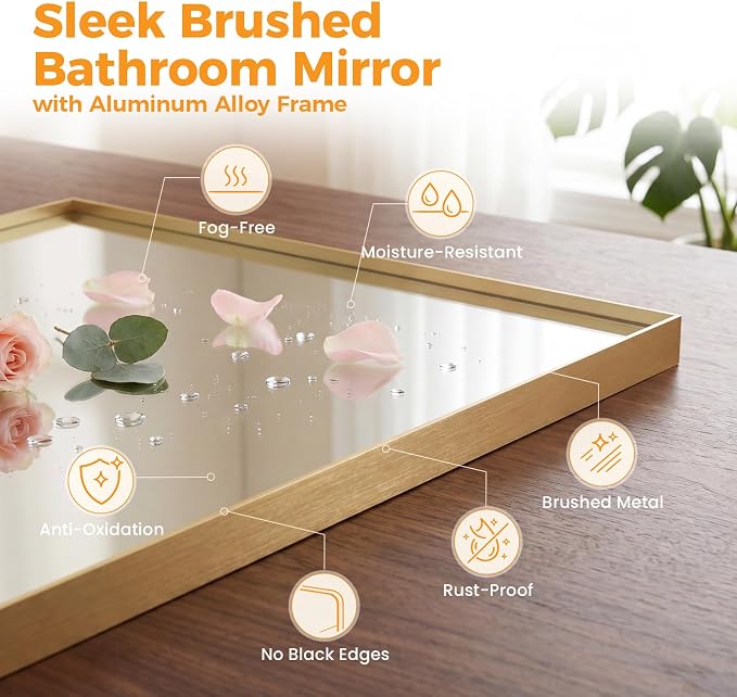 Sweetcrispy Bathroom Mirrors for Over Sink, 24" x 36" Rectangle Wall Mount Mirror with Metal Frame, Modern Vanity Mirror with Tempered Glass, for Home Decor, Anti-Rust, Gold