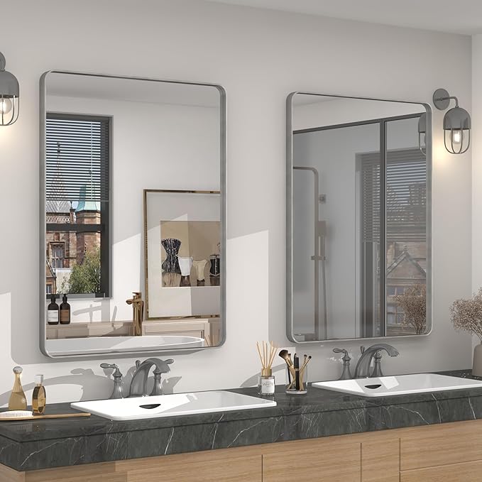 2 Pack of 24x36 Inch Silver Brushed Nickel Bathroom Mirror for Wall, Rounded Rectangle Silver Framed Bathroom Vanity Mirror, Anti-Rust, Shatterproof, Hangs Horizontally or Vertically