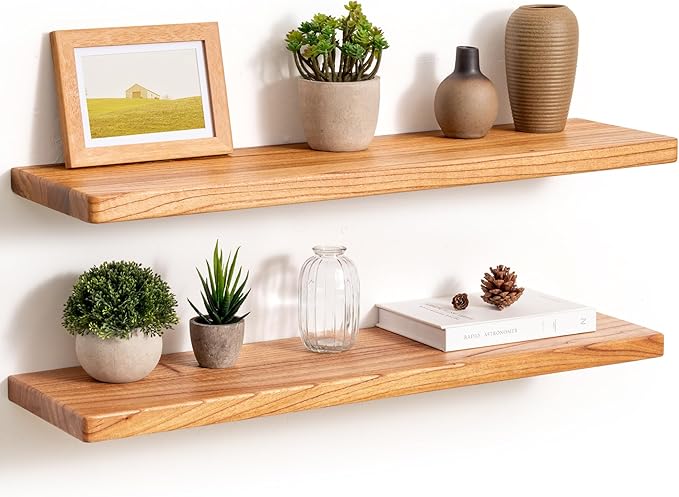 Fun Memories 30 Inch Floating Shelves, Rustic Solid Wood Wall Shelves Set of 2, 8 Inch Deep Floating Shelf for Bathroom, Bedroom, Heavy-Duty Wooden Shelf Wall-Mounted for Home Decor & Storage