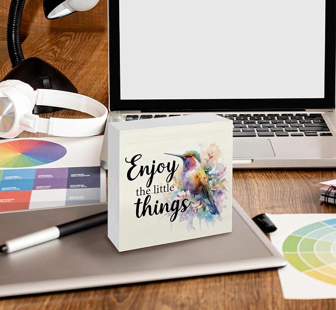 Hummingbird Decor - Hummingbird Gifts For Women, Inspirational Wooden Box Signs, Enjoy The Little Things Motivational Wood Decoration Home Decor For Desk Table Shelf 6x6 Inch Decorative Signs & Plaques