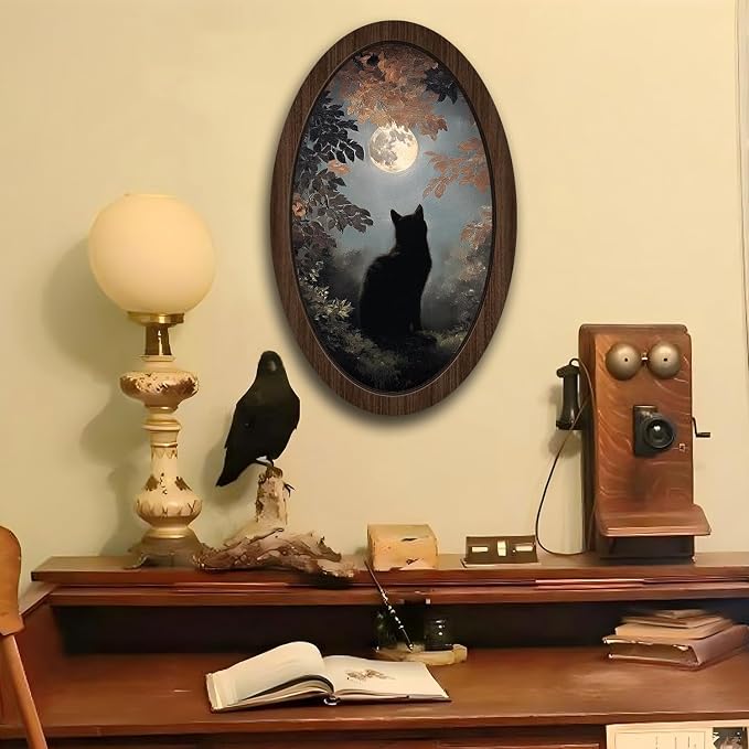 UYIKG Vintage Black Cat Moon Oval Wall Art,Rustic Farmhouse Cottagecore Oval Wall Decor,Farmhouse Country Wooden Framed Decor for Home Bedroom Living Room Reading Room 9x14.6 in