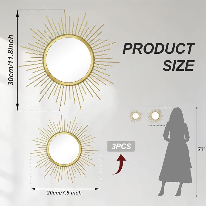 4 Set Metal Sunburst Mirrors for Wall Decor Living Room Bedroom Bathroom Dining Room Boho Gold Decorative Hanging Circle Vintage Art - Gold/Black/Silver 11.8 in/7.8 in