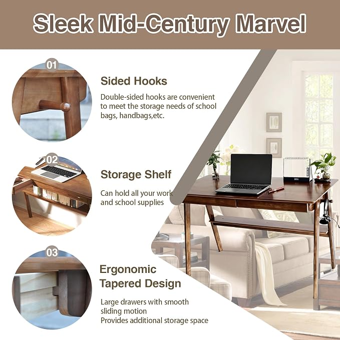 Mid-Century Modern 100% Solid Wood Writing Desk, 39" Rubberwood Home Office Computer Table & Workstation Desk with 2 Drawers, Lower Shelf & Side Hooks, 350 lbs Load, Laptop Desk