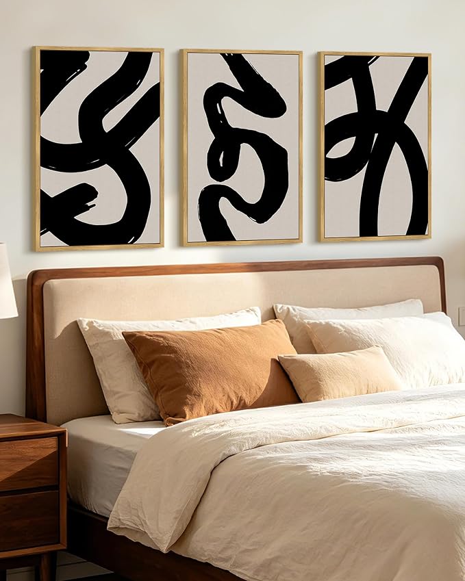 KUVIOKE Black Abstract Framed Wall Art Ink Wash Minimalist Lines Canvas Painting Artwork for Bedroom Hallway 16x24in (Natural Framed)