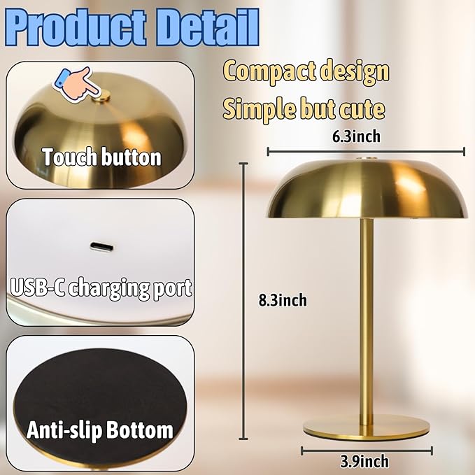 Portable LED Mushroom Table Lamp, Cordless Desk Night Light with 5200mAh Rechargeable Battery, Stepless Dimming Small Lamp with 3 Color and Brightness Control for Bedroom/Patio/Bar/Coffee shop (Black)