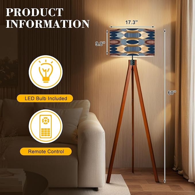 Wood Tripod Floor Lamp Abstract mid Century Seamless Mid Century Standing Lamp Linen Shade Dimmable Modern Tall lamp Home Decor for Living Room Bedroom Office