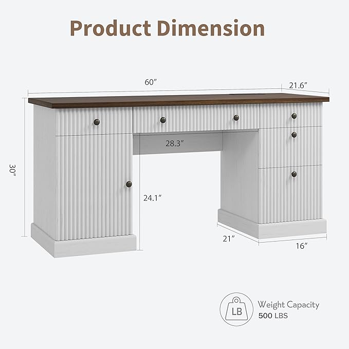 Garvee 60" Office Desk with Storage Cabinet & Drawers. Fluted Wood Computer Desk with Power Outlet & Adjustable Shelves.Modern Executive Desk for Home Office/Bedroom/Gaming-White