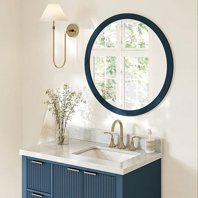 ARIEL Round Wooden Mirror 30" in Midnight Blue, Wood Circle Wall Mirror for Bathroom, Vanity, Entryway & Living Room Decor, Farmhouse Style