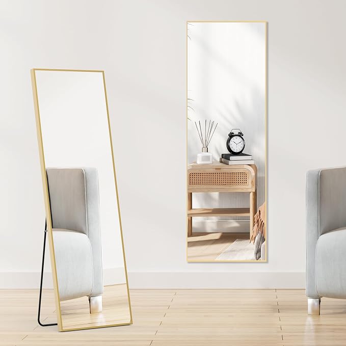 OLIXIS Full Length Mirror for Bedroom, 56"x15" Full Body Mirror with Stand, Hanging or Leaning for Wall, Aluminum Alloy Thin Frame Floor Standing for Living Room, Long, Gold