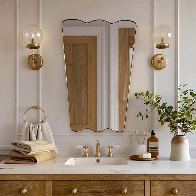 ANDY STAR 24x36 Inch Brushed Gold Scalloped Mirror, Antique Brass Irregular Bathroom Mirror -Butterfly Shape Asymmetrical Mirror for Powder Room