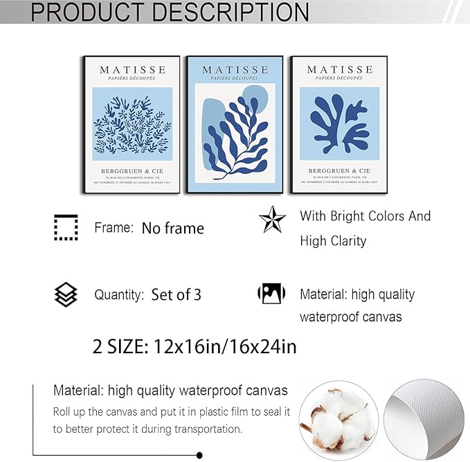 BingruiArt Blue Matisse Wall Art Canvas Boho Flower Set of 3 Minimalist Plant Leaves Painting Abstract Pictures Aesthetic Prints Home Decor for Living Room Bedroom Bathroom 12"x16" Unframed