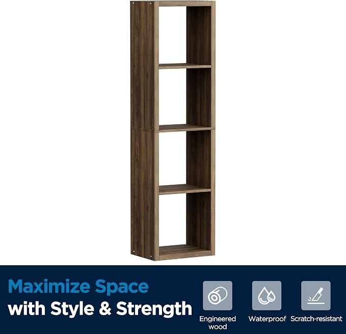 4 Cube Storage Organizer Single Row, Cube Shelf with Heavy-Duty Thick Boards, 13.31" L x 9.37" W x 48.82" H, Smooth Easy-Clean Panels, Simple Assembly, for Living Room Bedroom Office, Brown