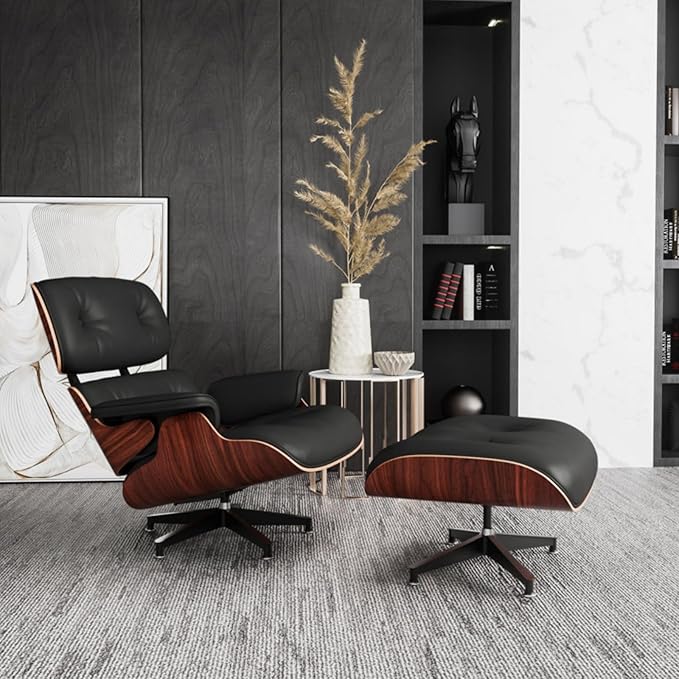 TigerParty Mid Century Chaise Lounge Chair with Ottoman, Top Black Grain Leather, Modern Office Chair Classic Design, Heavy Duty Base Support for Living Room Lounge Office