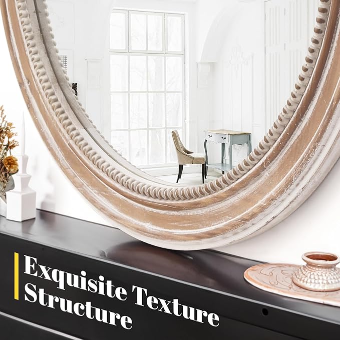 sawsile Round Wood Mirror,28 inch Circle Rustic Farmhouse Natural Wooden Frame Boho Beads Wall Mirror for Bathroom,Living Room,Bedroom or Entryway
