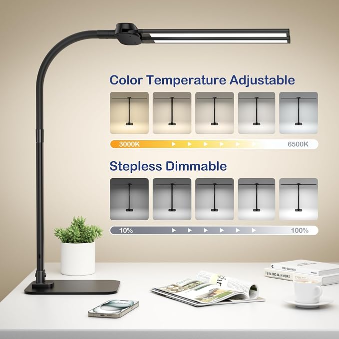 Desk Lamp with USB Charging Port for Home Office 24w Architect Remote Base Dual Task Led Light Modern 5 Color Modes Dimmable Adjustable Gooseneck Double Head Reading Drafting Eye Caring Tall Lamps