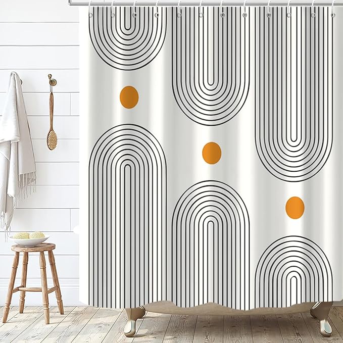 Boho Mid Century Shower Curtain, Modern Abstract Arch Sun Ivory Machine Washable Waterproof Fabric for Bathroom Decor Bathtub with 12 Hooks 72Wx78H