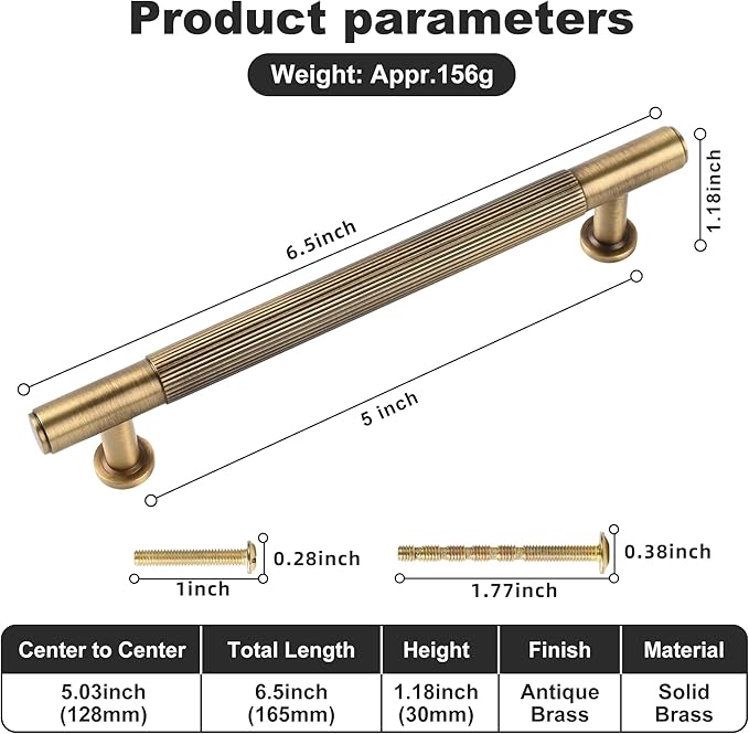 -5 Pack Antique Brass Kitchen Cabinet Pulls, 5 Inch Solid Brass Dresser Drawer Handles, Furniture Hardware Door Pulls for Cupborard Wardrobe Closet Vanity