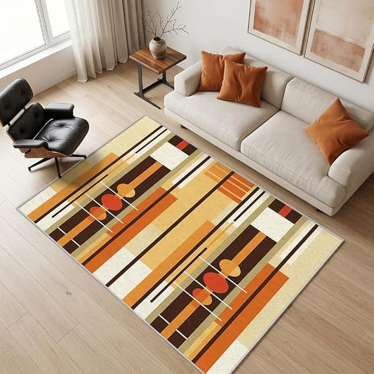 Contemporary Geometric Rug 8x12, Washable Retro Stripe Rugs for Living Room Bedroom, Mid Century Modern Area Rug for Home Decor, Non Slip Backing Floor Carpet with Gripper - 8 x 12 ft