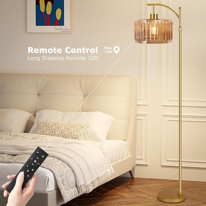 Glass Floor Lamp for Living Room,Bedroom,Gold Mid Century Modern Standing Lamp with Remote,Dimmable Brass Tall Lamp Amber Flower Lamp Vintage Floor Lamps Arc Floor Light Boho Bohemian