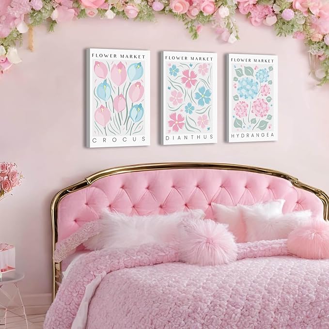 BingruiArt Flower Market Wall Art Pink and Blue Canvas Boho Floral Wall Decor Botanical College Coquette Girly Preppy Posters Prints Pictures for Apartment Batroom Bedroom Dorm Room 3Pcs 16"x24" Framed