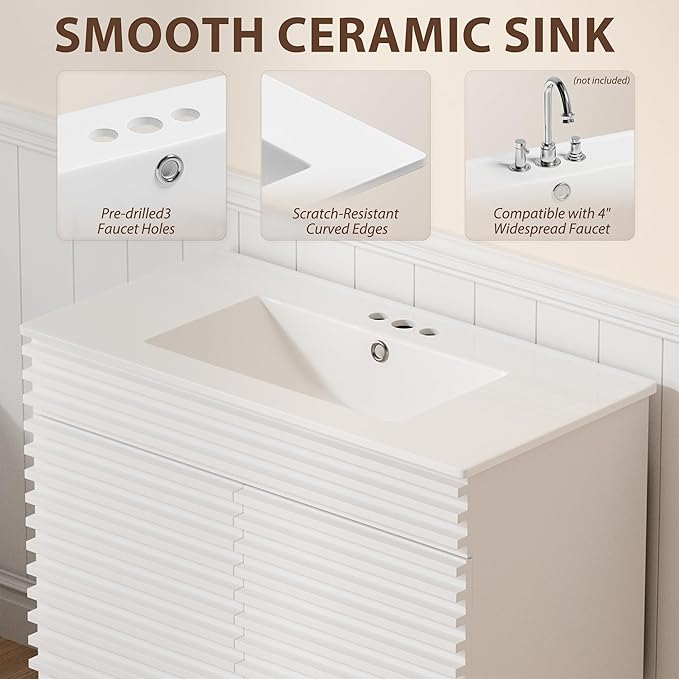 APRILSOUL 36" Bathroom Vanity with Ceramic Sink, Mid-Century Bathroom Vanity Cabinet with 2 Soft Closing Doors, Freestanding Bathroom Cabinet, Particleboard Frame with Wood Grain Laminate, White