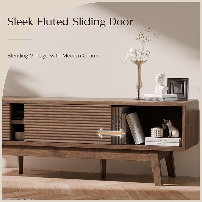 TOLEAD 59" TV Stand, Mid Century Modern Television Stand for 43/55/65 inch TV, Low Profile TV Console with Fluted Sliding Doors, Boho Light Wood Credenza for Living Room, Walnut