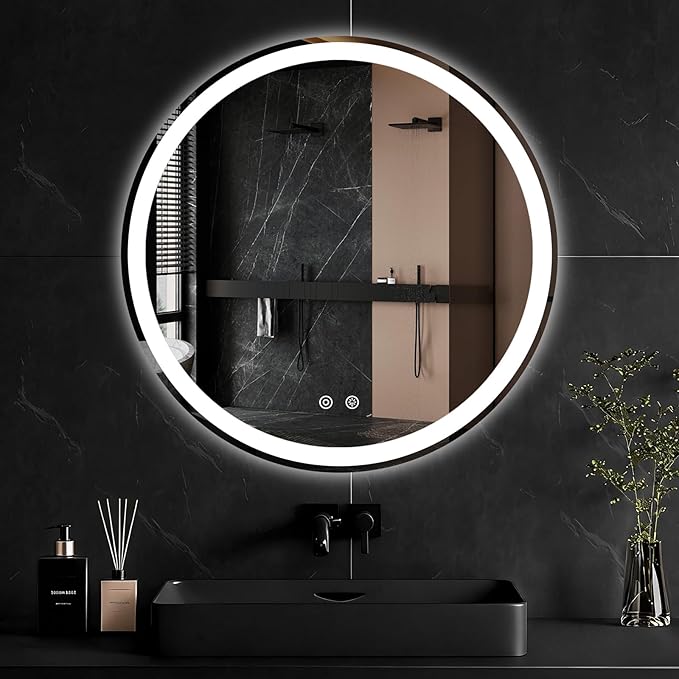 NEWBULIG 28 Inch Round LED Bathroom Wall Mirror with Lights, Light up Vanity Bathroom Mirror for Over Sink, Anti-Fog and Dimmable, Front Light and Backlit, Memory Function, Shatter-Proof, White
