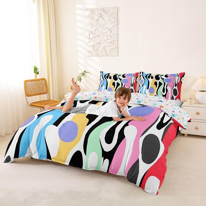 Erosebridal Organic Abstract Duvet Cover Set Modern Contemporary Full Size Bedding Sets for Child Boys Boho Mid Century Wavy Lines Comforter Cover Retro Geometric Bed Set,Rainbow Purple