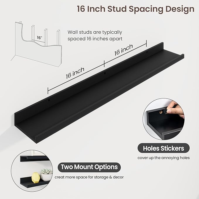 Axeman 40 Inch Floating Shelves | Black Picture Ledge Shelf Set of 3 | Rustic Wood Wall Shelves with Lip | 40" Black Picture Shelf for Wall with Ledge | Photo Shelves